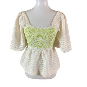 Sarah Hann Anthropologie Ivory Green Crochet Peplum Top XS Cottagecore NWT